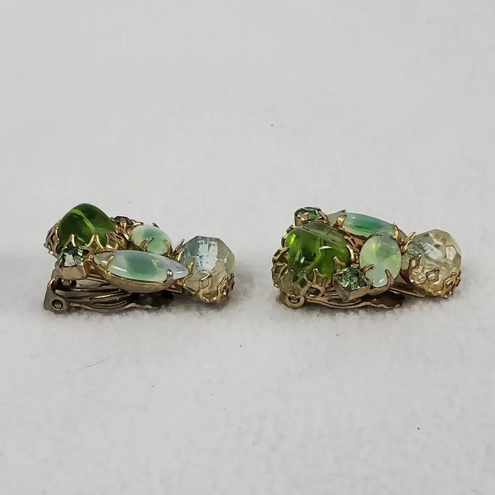 Vintage MCM Green Rhinestone Gold Tone Brooch and Earrings Set